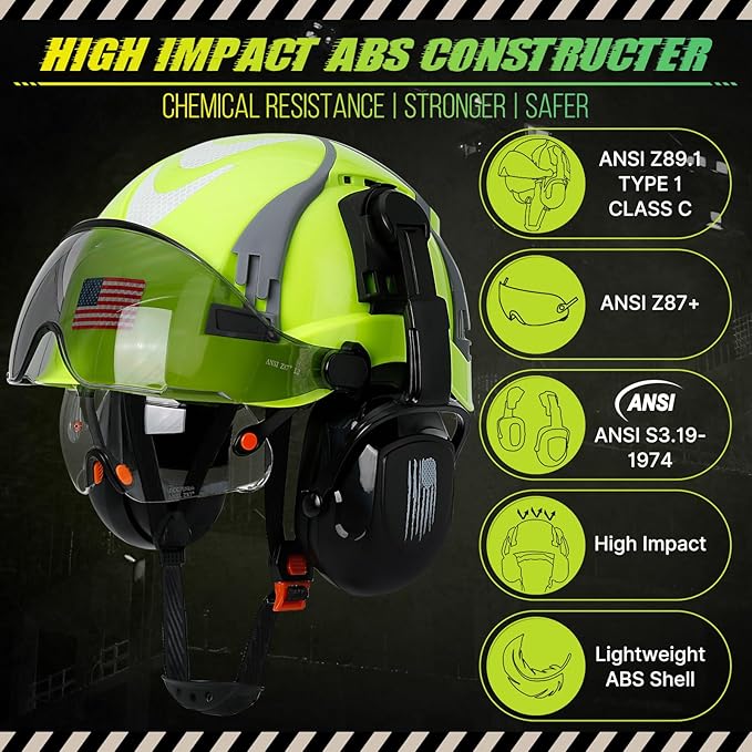 Hard Hat with Dual Visor and Hearing Protection-OSHA Approved Construction Hard Hats with Visor Sunglasses Earmuffs for Men,Vented Forestry Chainsaw Arborist Helmet with Chin Straps