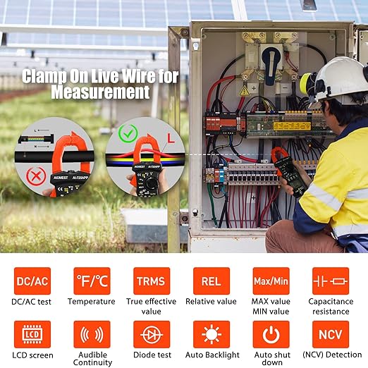 AIOMEST Bluetooth Digital Multimeter, AI-7200APP TRMS 6000 Counts Clamp-on Meter for AC DC Current Voltage Resistance Capacitance Hz Temp Diode Continuity Buzzer with Lamp NCV