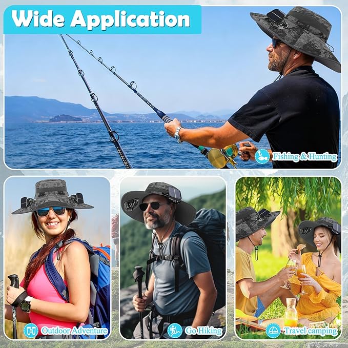 Berlune Men Sun Hat with 2 Solar Fans Wide Brim Outdoor Fishing Hat USB & Solar Powered for Sun Protection Camping Hiking