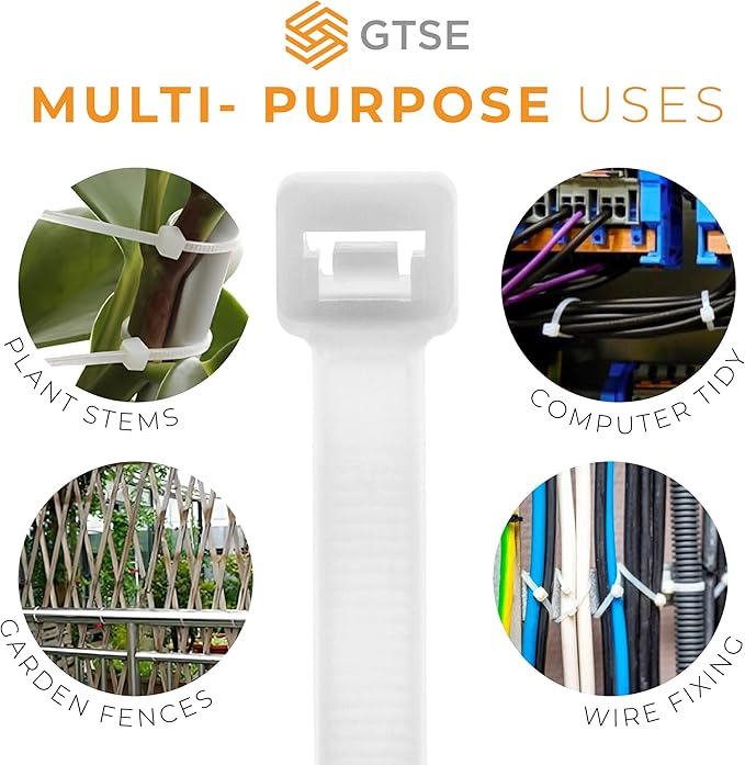 GTSE 8 Inch White/Clear Zip Ties, 100 Pack, 18lb Strength, UV Resistant Strong Nylon Cable Ties, Self-Locking 8" Tie Wraps