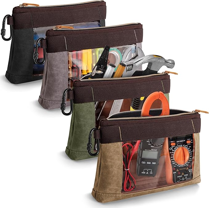 4 Pack Heavy Duty Tool Pouch with Carabiner, 12” Canvas Tool Pouch Bag with Clear Window (4 Colors: Black, Gray, Green, Khaki)