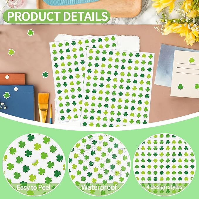 2400 Pcs St. Patrick's Day Shamrock Paper Stickers,4 Colors,Lucky Clovers Self Adhesive Stickers,for Envelopes Scrapbook Gifts,0.5in
