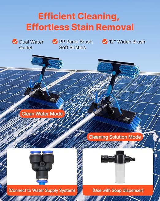 VEVOR Solar Panel Cleaning Kit, 20 ft, Water Fed Pole Kit with Cleaning Brush, Soap Dispenser, Extendable Aluminum Telescopic Pole, 180° Rotatable Brush Head, for Roof Mounted Solar Panels, Windows