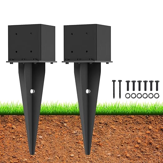2 Pcs 6"x6" Fence Post Anchor,(Internal 5.6"x5.6"),Metal Fence Post Anchor Ground Spike 22" with Black Powder-Coated,Fence Stakes Post Base for Deck,Fence,Porch,Railing,Mailbox.