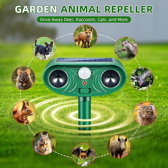 2026 Solar Animal Repellent Outdoor&Cat Repellent Outdoor with Motion Deer Repellent Devices Ultrasonic Cat Deterrent Fox Raccoon Squirrel Rabbit Coyote Deterrent for Farm Orchard Garden 2 Pack