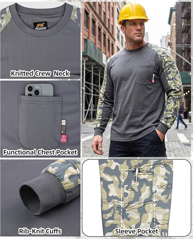 KONRECO FR Shirts for Men Crewneck 6oz Jersey Lightweight Flame Resistant Work T Shirt NFPA2112 CAT2