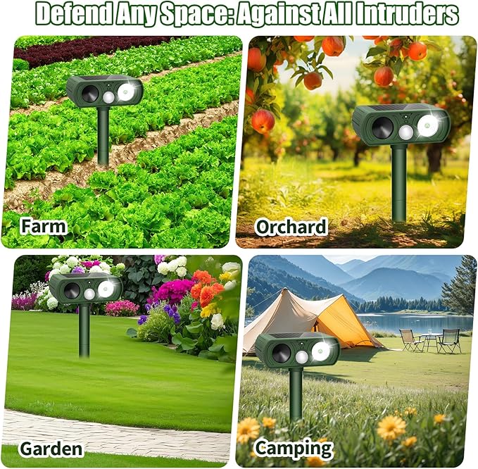 Solar Ultrasonic Animal Repellent, Deer Repellent Devices Waterproof, Cat Repellent Outdoor with Motion Detection Squirrel Skunk Rabbit Dog Raccoon Deterrents Animal Repeller for Yard, 2 Pack, Green