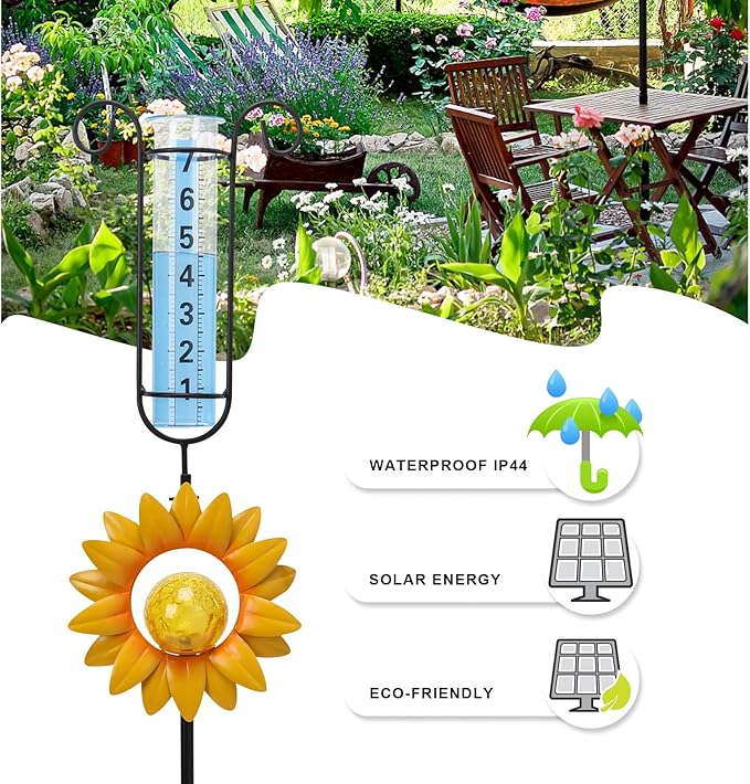 MUMTOP Rain Gauge Outdoor, 34 Inch Large Number Solar Lights Sunflower Water Gauge for Lawn, Yard and Garden