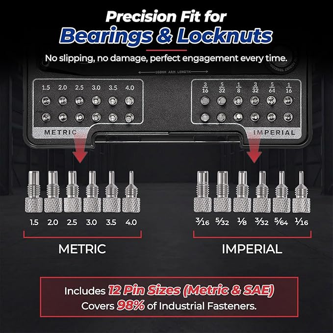 25 Piece Pin Spanner Wrench Set,42CRMO Heat-Treated,Nickel-Plated Finish,Adjustable Spanner Wrench for Bearings,Pulleys & Lock Nuts,Metric & Imperial Precision Pin Wrench,160mm Arms,180° Rotation