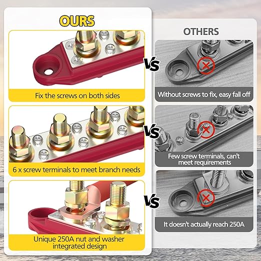 MOFEEZ Power Distribution Block Bus Bar, 4 x 3/8" Post Marine Bus Bar Battery Busbar Terminal Block with Cover, Lugs, Ring Terminals (Pair, Red & Black)