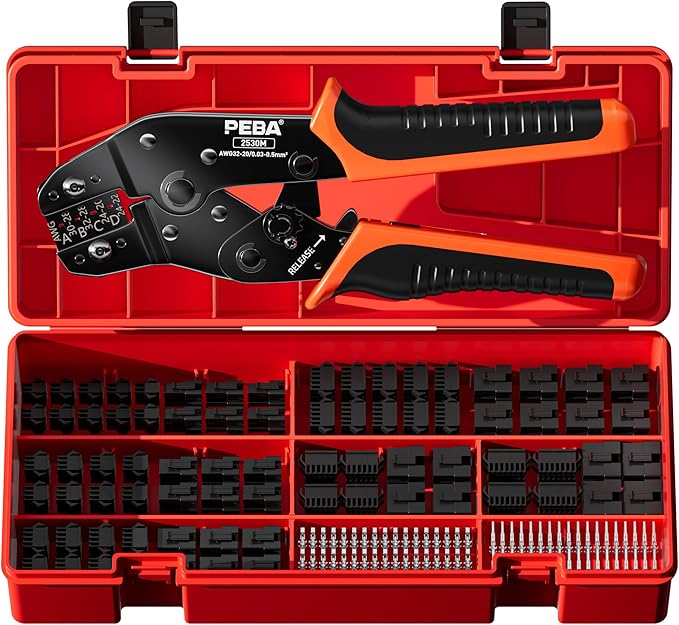 PEBA Crimping Tool and JST Connector Kit - 14 Types of 2.5 mm JST-SM Connectors & Crimp Pins, 2/3/4/5/6/7-pin JST Housings and Contacts, for DIY Electronics - Suitable for AWG 32-20 Wires