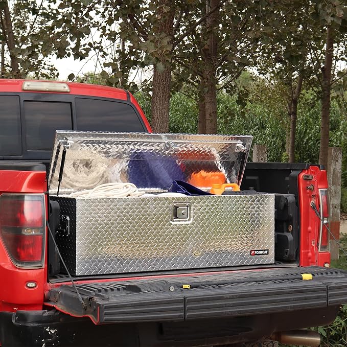 FORWODE 30&48 Inch Aluminum Truck Tool Box Lockable Truck Bed Tool Box Waterproof Truck Bed Storage Box with Gas Struts Side Handle Truck Tool Chest for Pickup, Truck Bed, RV, Trailer&Garage (Silver)