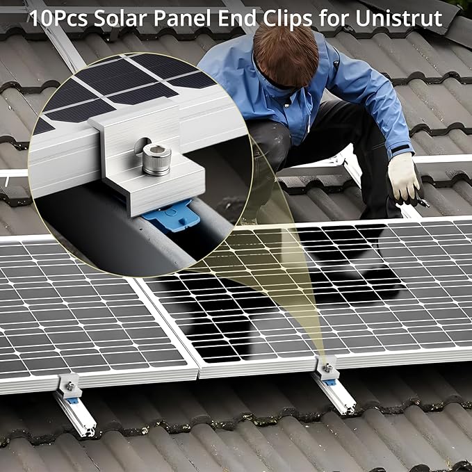 Anbte 10pcs Solar Panel End Clamp for Standard Unistrut, Aluminum 30mm/35mm Solar Panel Brackets with Nuts Bolts, Solar Panel Mounting Kit for Metal Roof, Tin Roof, Flat Roof, Sheet Roof, Silver