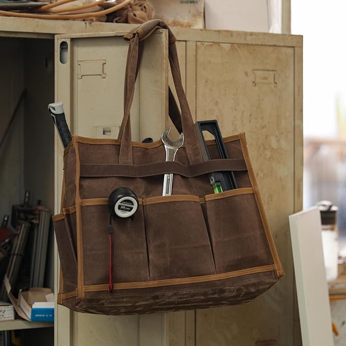 Tool Bag, Heavy Duty 16oz Waxed Canvas Water-Resistant Tool Pouches, Tool Tote with Handle for Tools, Wrenches, Screwdrivers (16.5 X 7 X 12 inch) | Brown