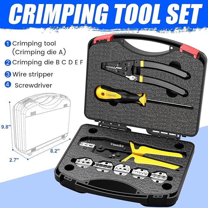 Crimping Tool Set 8PCS - Ratchet Wire Crimping Tool for Heat Shrink,Insulated Nylon,Non-Insulated,wire ferrules,Open Barrel Terminals,Solar Connectors - Crimper with 6 Interchangeable Die