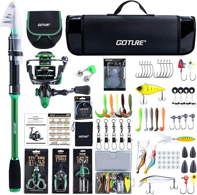 Goture Fishing Poles and Reels Combo - Green Telescoping Fishing Rod Portable Travel Kit with Carrier Bag for Freshwater Saltwater