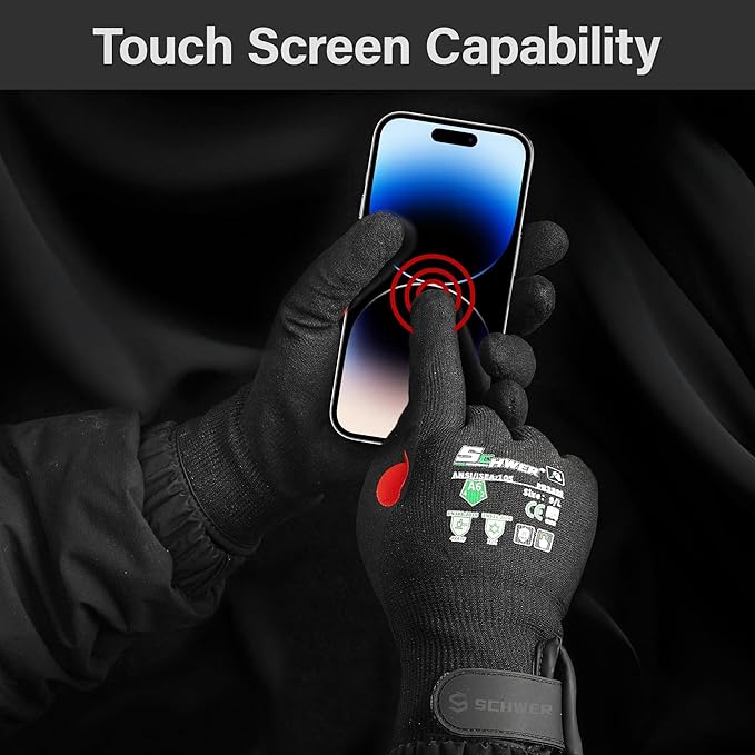 Schwer FreezeGuard Winter Work Gloves for Men and Women, ANSI A6 Cut Resistant Gloves With Super Grip, Freezer Glove for Work, Touchscreen, Thermal Insulated, PR3388, Black Knight (L, 1 Pair)