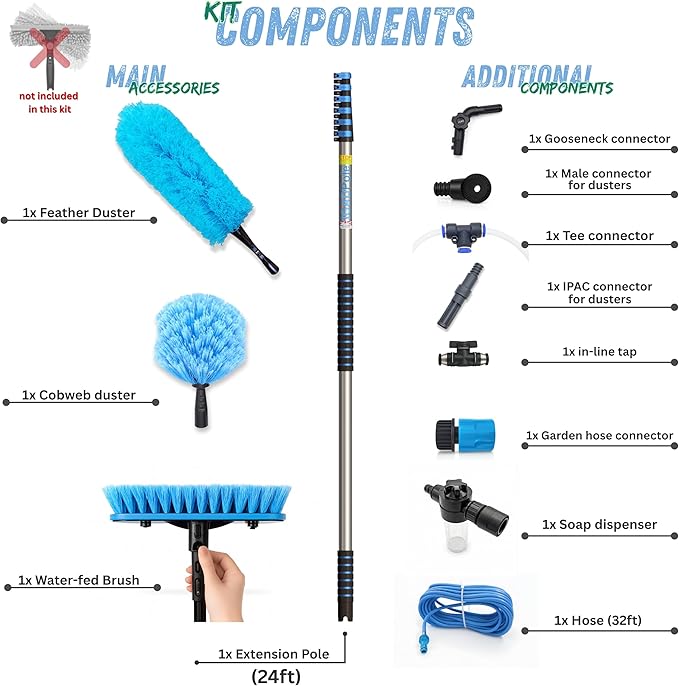 IGADPole 24 FT Washing Kit: Water-fed Brush with Soap Dispenser, Cobweb Dusters, with 6-Stage Telescoping Pole 5-24ft Pole/Window and Dusting Cleaning Kit