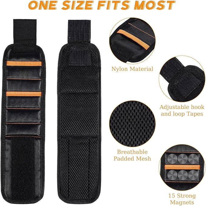 Kigeli 4 Pcs Men Magnetic Wristband Gifts for Holding Screws Men Adjustable Tools Holder Belt with 15 Magnets Tool Gift for Dad Husband Handyman Grandpa Birthday