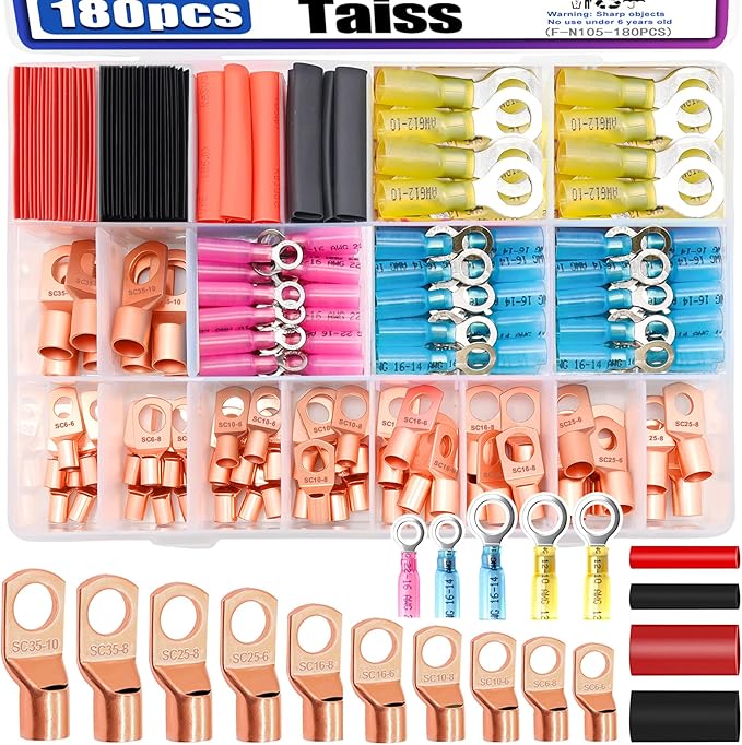 Taiss 180PCS Copper Wire Lugs AWG 2/4/6/8/10/12/14/16 Gauge Battery Cable Ends,battery terminal connectors,Copper Ring Terminals Connectors with Heat Shrink