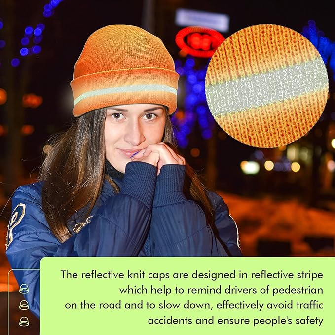 Reflective Knit Hat Safety Beanies Adult High Visibility Beanie Neon Winter Knit Caps with Reflective Stripe