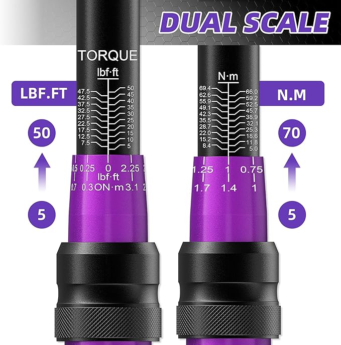 PRIDE&CRAFT 3/8 Inch Drive Click Torque Wrench, 3% High Precision Adjustable Dual Direction, 72-Tooth, 5-50 lbf.ft/6.8-68 Nm Torque Wrench for Bike, Motorcycle and Car Repair, Purple Black