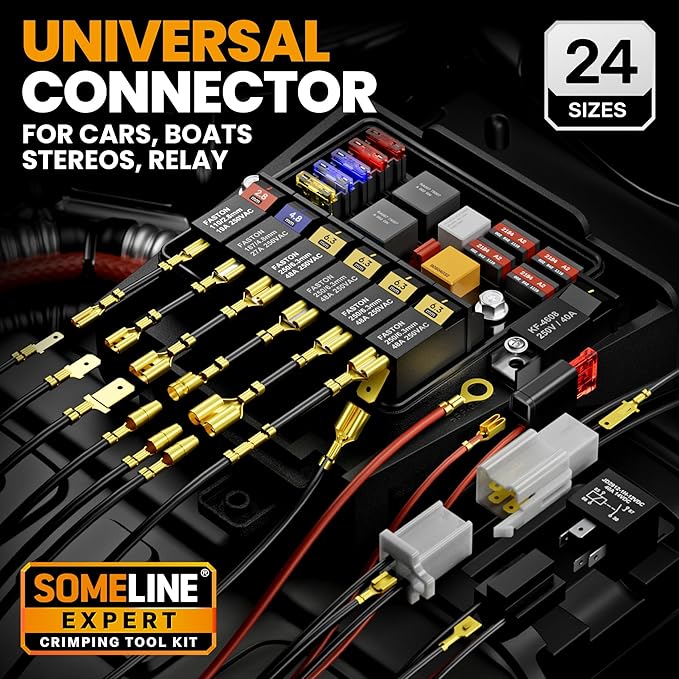 SOMELINE Wire Terminal Crimping Tool Kit,2.8/3.9/4.8/6.3mm Male Female Disconnect Terminals,AWG 24-14 Crimping Pliers for Molex 2.13/2.36mm, AMP - TE CONNECTIVITY Connectors