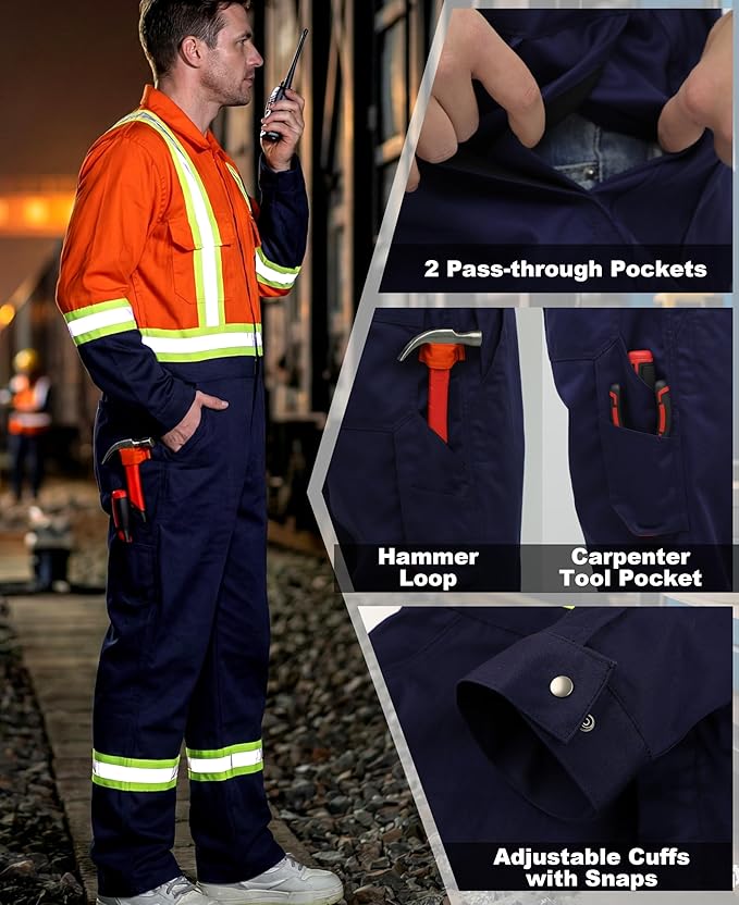 BOCOMAL FR Coveralls Men High Visibility 7.5oz Cotton Twill Flame Resistant Fire Retardant Work Coverall NFPA2112 HRC2