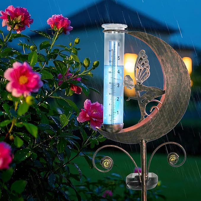 WONDER GARDEN Solar Rain Gauge Outdoor, Decorative Moon Fairy Rain Gauges Outdoors Best Rated, Freeze Proof Water Rain Measure Gauge for Yard Patio Lawn Garden Decor