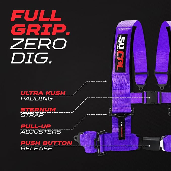 Purple 4 Point Harness for Bucket Seat, Push Button Release, 10 Color Options, Racing Harness, Race Car, Off Road Vehicle, UTV, RZR (1 Unit) [6036]