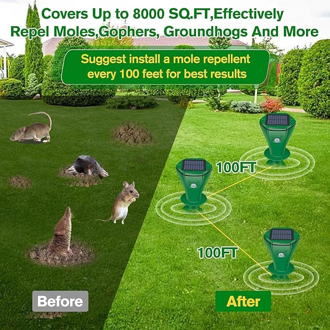 Mole Repellent Solar Powered,6 Pack Ultrasonic Gopher Repeller IP65 Waterproof for Lawn Garden Yard, Sonic Vole Repellent Mole Killer Outdoor Get Rid of Snake Groundhog Chipmunk Squirrels-Green