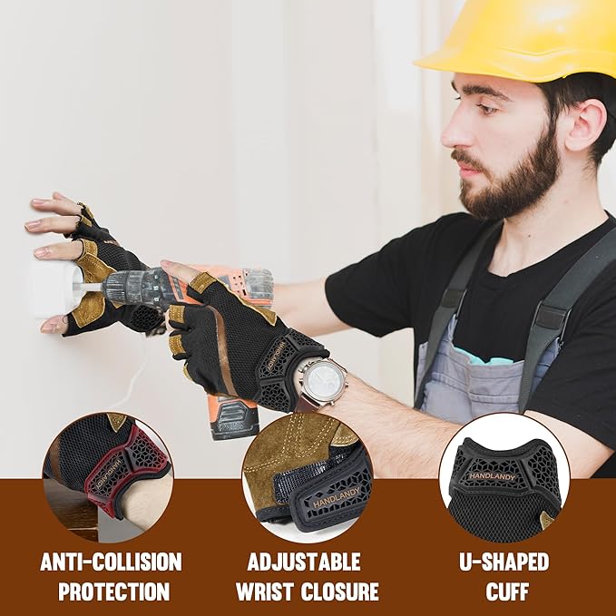 HANDLANDY Fingerless Work Gloves for Mens & Women, Uwrist Half Finger Shock-Absorbing Breathable Glove