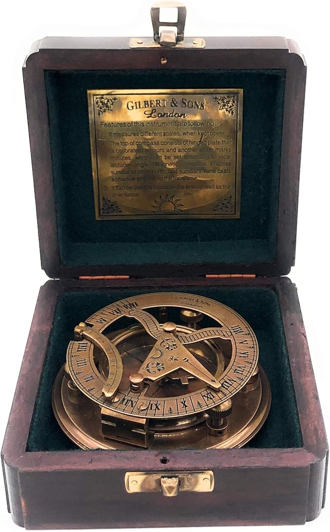 Antique Brass & Copper Sundial Compass – A Unique Gift of Elegance with Sundial Clock, Ship Replica Watch, and Presentation Box