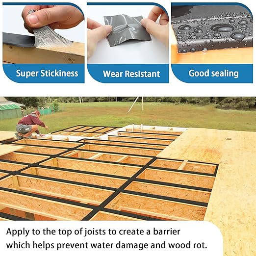 Deck Joist Tape 6''×50', 4 Pack Weather-Resistant Joist Tape for Decking, Waterproof Seal Antiseptic Butyl Decking Tape,Self-Adhesive Flashing Joists Tape for Wood Decks Beams Roof