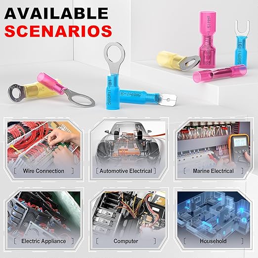AIRIC 16-14 AWG - 3/8" Heat Shrink Ring Terminals, Copper Terminal Connector Ends, Battery Cable End Lugs, Blue Insulated Electrical Crimp Wiring Connectors, Wire Lug for 16, 14 Gauge Wires, 100 PCS