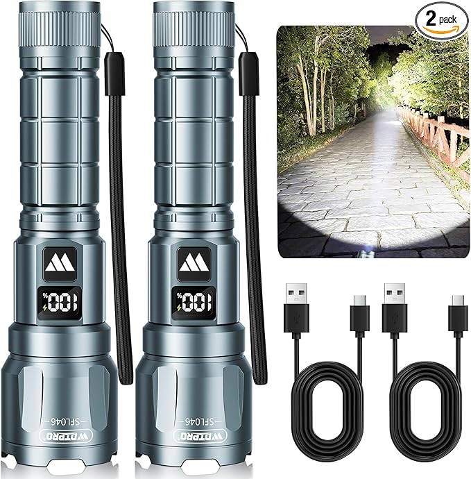 WdtPro LED Rechargeable Flashlight 2 Pack, Super Bright Zoomable 6000 Lumens Tactical Flashlight with LCD Digital Display, 3 Mode Waterproof Flash Light for Camping, Hunting & Home Emergency - Grey