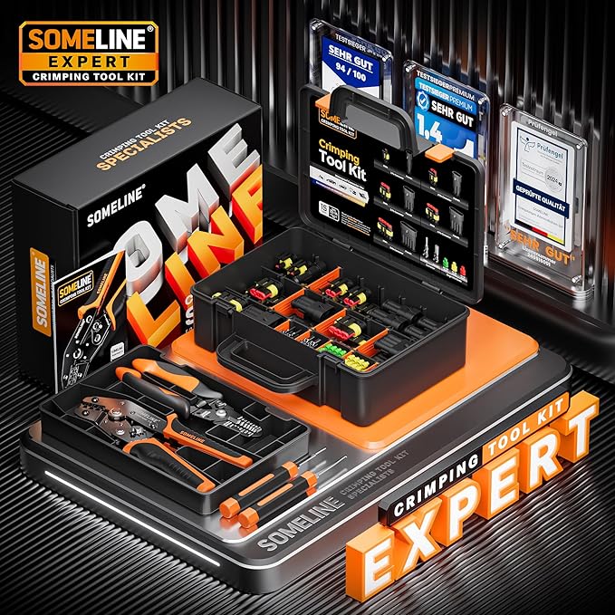 SOMELINE Crimping Tool Kit, Waterproof Automotive Electrical Connectors (1/2/3/4/5/6 Pin), 22–14 AWG Ratchet Crimper & Terminal Removal Tools for Car/Motorcycle/Boat