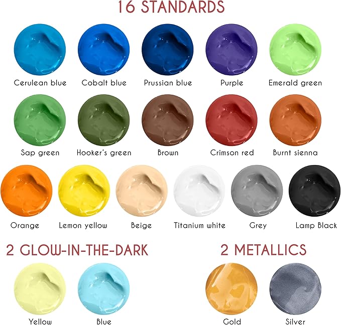 Outdoor acrylic paint set (2 fl oz)- 20 Tubes 2 with Glow in the Dark Effect - Art supplies for Adults - For multiple use- Woods, Leather, Metal & Fabric Paint & Paint for rocks Outdoor/Craft paint