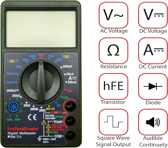 Large Screen Multimeter - Volts Ohms Amps Transistor (hFE) Square Wave Output Diode & Audible Continuity Tester with Buzzer