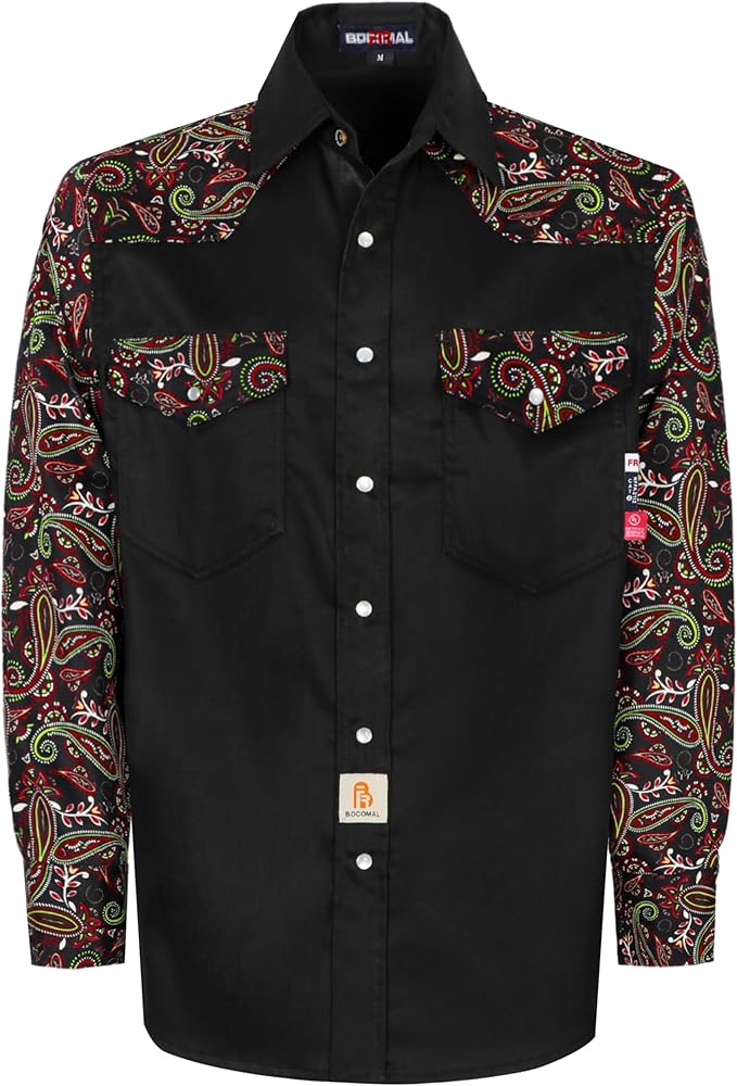 BOCOMAL FR Shirts Pearl Snaps Two Tone Plaid/Solid Flame Resistant Cotton Welding Shirt NFPA 2112 CAT 2