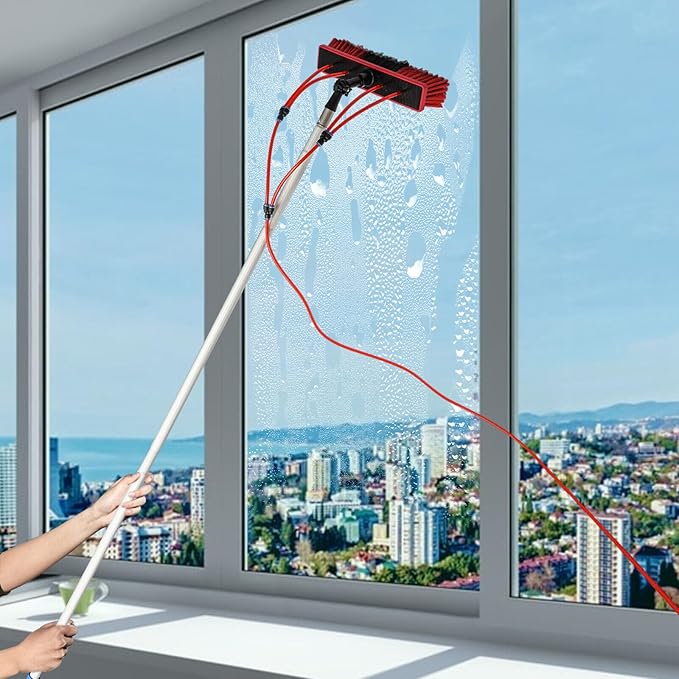 26 Ft Telescopic Water Fed Pole & Brush, Outdoor Tall Window Cleaner Car Glass Solar Panel Cleaning System, Water Fed Brush Extendable Pole Kit Washer Duster Washing Tool