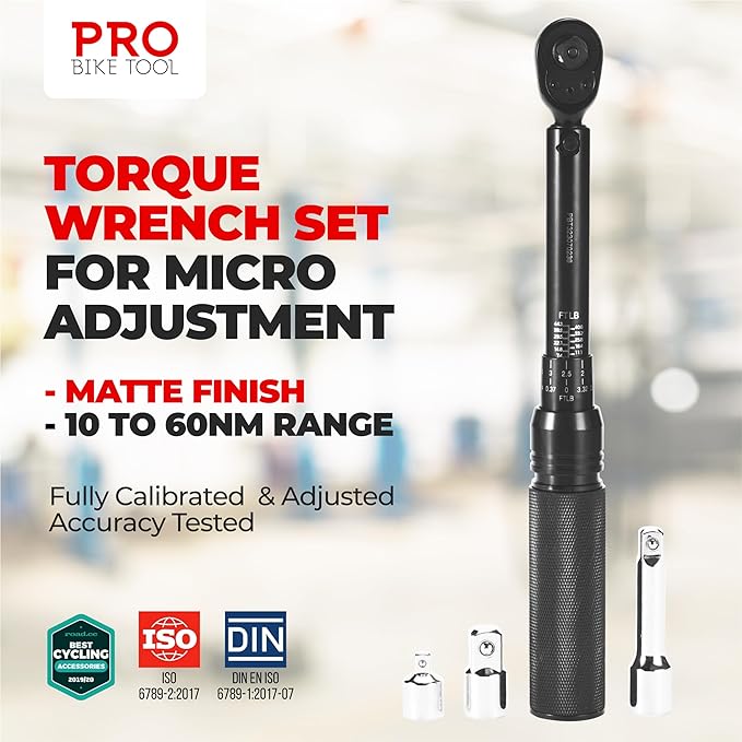 PRO BIKE TOOL Torque Wrench 3/8 Drive - Precision Torque Wrench for Bike Maintenance - 10 to 60 Nm Range with 0.5 Nm Micro Adjustments - Includes Adapters, Extension Bar and Storage Box - Black Matte