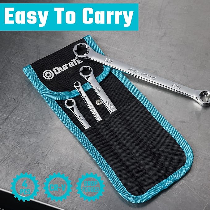 DURATECH 4-Piece E-Torx Wrench Set, Double Box End Wrench Set, CR-V Steel, Including E6*E8, E10*E12, E14*E18 and E20*E24, Organized in Pouch
