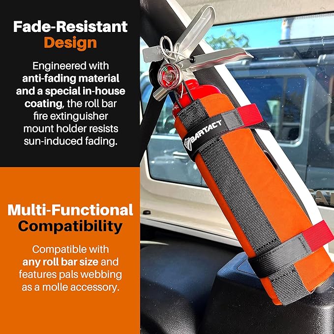 Bartact - 2.5 lb Roll Bar Fire Extinguisher Mount for Vehicle Holder, Adjustable Fire Extinguisher Holder Mount, US Made Universal Vehicle Fire Extinguisher Holder Fits All Roll Bars (Orange)