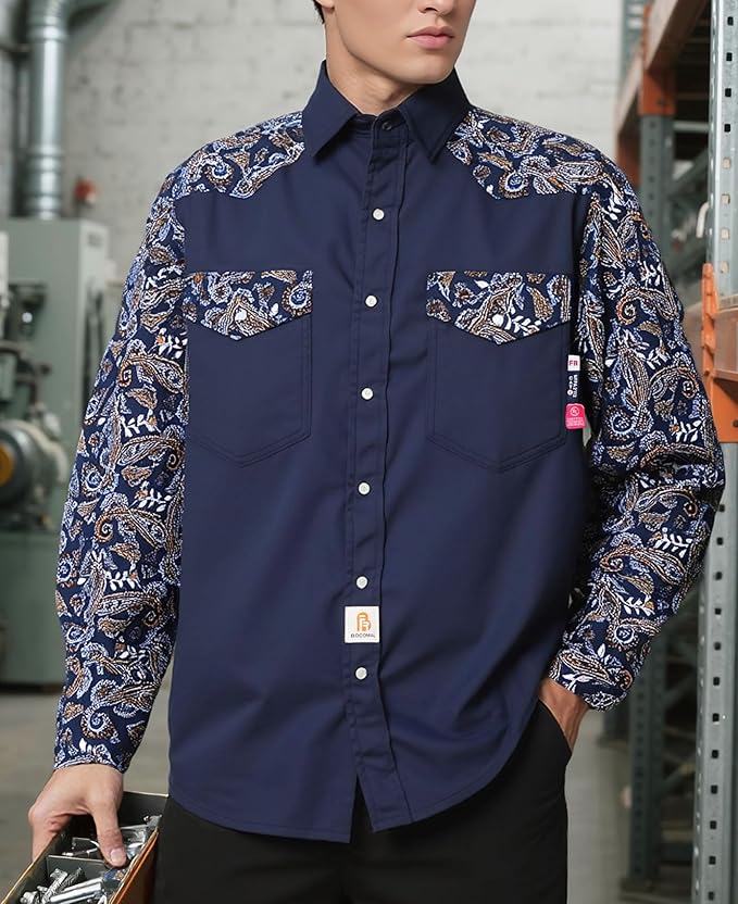 BOCOMAL FR Shirts Pearl Snaps Two Tone Plaid/Solid Flame Resistant Cotton Welding Shirt NFPA 2112 CAT 2