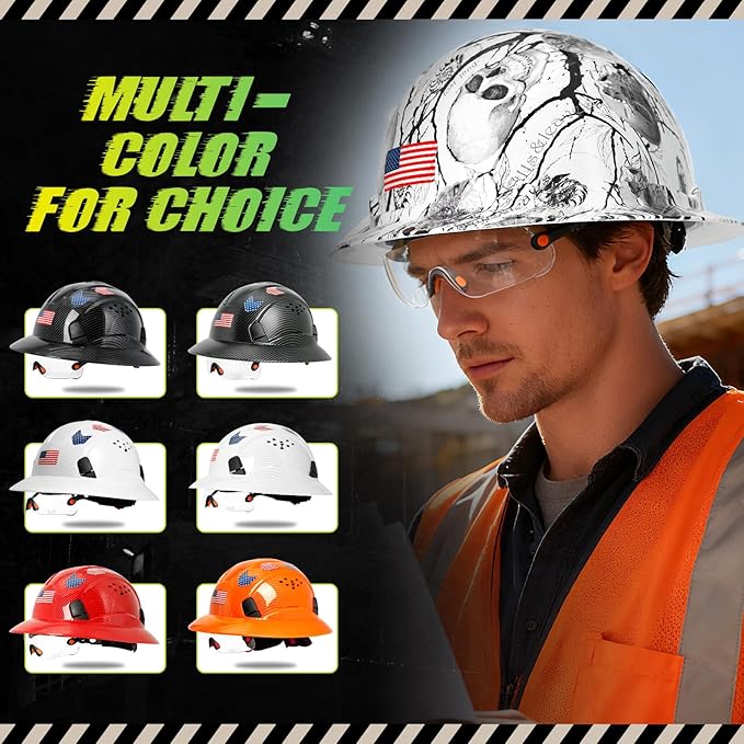 Carbon Fiber Pattern Full Brim Hard Hat with Visor-OSHA Approved Construction Safety Helmet for Men Women,ANSI Z89.1 Vented Reflective Hardhat with Hard Hat Chin Strap,6-Point Suspension