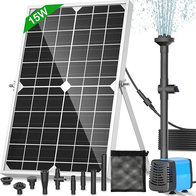 Solar Pond Pump, 15W Solar Fountain Pump with 190GPH Flow & 4 Spray Styles, 16.5Ft Extendable Power Cord, Debris Barrier Bag for Outdoor Fountain, Ponds, Fish Tank, Waterfall, Garden Water Features