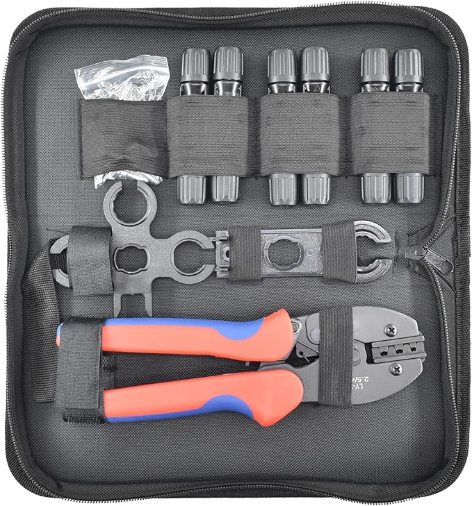 Heavy Duty Solar Cable Crimping Tool Kit, 6 Pairs Solar Panel Connectors, 1Pcs Solar Cable Crimper,1Pcs straight and Cross Spanner Wrenches, Solar Wire Crimping Tool for PV Cable Installation