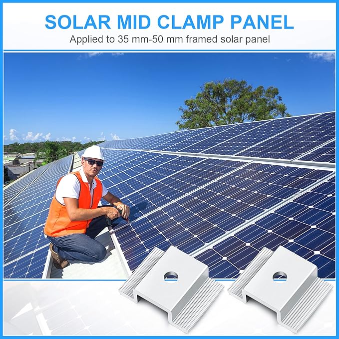 Zhengmy 48 Pack Solar Panel Mid Clamps 1.06 Inch Solar Panel Bracket Aluminium Mounting Accessories Aluminum Solar Mid Clamp for Solar Panel Mounting Solar Panel Mid Clamp