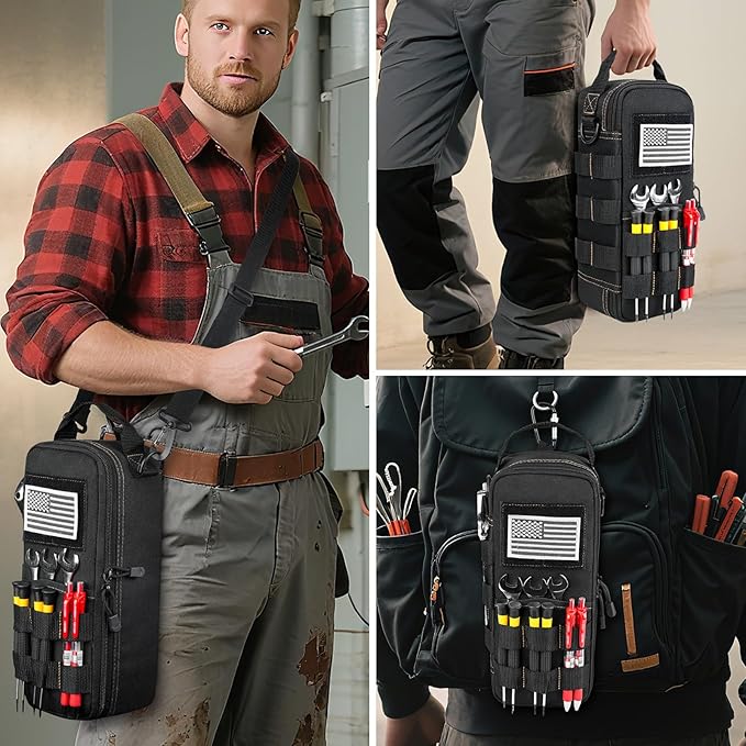 Heavy Duty Small Tool Bags for Men with Carabiner,Tactical Tool Pouch Bag,Portable Utility Tools Storage Organizer Case with Shoulder Strap for EDC,Motorcycle,Camping, Road Trip, Electricians,Black